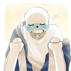 1:1 1:1_aspect_ratio animated_skeleton blue_blush blush cheztnuts closed_eyes hooded_jacket hoodie implied_masturbation jacket monster off_shoulder sans sans_(undertale) simple_background skeleton solo undead undertale undertale_(series)