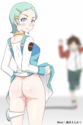 1boy 1girls artist_request ass back_view bottomless dress dress_lift eureka eureka_seven looking_at_viewer no_panties renton_thurston