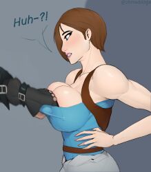 1boy 1girls athletic belts breast breasts breasts_out cleavage clothing color colored comic corset curvy dialogue female female_focus holster human jill_valentine jill_valentine_(julia_voth) legwear light light-skinned male monster muscles nemesis_(resident_evil) ohmaddoge partial_male resident_evil resident_evil_3 short_hair sideboob solo_focus squeeze text tight_clothing topwear tubetop voluptuous