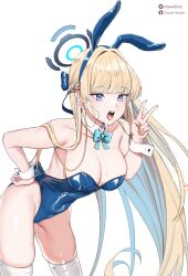 absurdres animal_ears aqua_bow aqua_bowtie bare_arms bare_shoulders blonde_hair blue_archive blue_eyes blue_hairband blue_leotard blush bow bowtie breasts cleavage collarbone cum cum_in_mouth detached_collar fake_animal_ears female hair_ornament hairband halo hand_up highleg highleg_leotard highres large_breasts leotard lewdlinly long_hair looking_at_viewer millennium_science_school_student open_mouth playboy_bunny rabbit_ears simple_background solo thighhighs thighs toki_(blue_archive) toki_(bunny)_(blue_archive) twitter_username user_ckyr3773 v white_background white_thighhighs wrist_cuffs