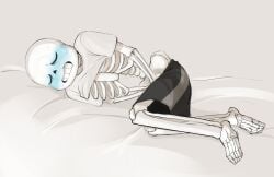 2010s 2016 animated_skeleton barefoot blue_blush blush cheztnuts closed_eyes implied_masturbation laying_on_side lying_on_side monster sans sans_(undertale) shirt_pulled_up shirt_up simple_background skeleton solo sweat undead undertale undertale_(series)