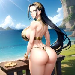 1girl 1girls ai_generated amazonian anime anime_style ass athletic athletic_female backside beach big_ass big_breasts big_butt bikini bikini_bottom bikini_top black_hair blue_eyes boa_hancock bubble_butt dark_hair earrings enmashusui female female_only fit fit_female gold_(metal) gold_bikini gold_jewelry golden_bikini hair_ornament huge_breasts jewelry leaning_forward leaning_on_object leaning_on_table light-skinned_female light_skin long_hair looking_at_viewer looking_back massive_breasts milf neckwear ocean one_piece pinup pirate rear_view sea sideboob table tall tall_girl thick thick_ass thick_legs thick_thighs thong thong_bikini tight_fit toned toned_body toned_female two_piece_swimsuit viewed_from_behind