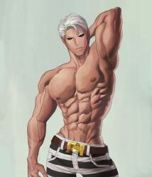 abs arm_over_head black_sclera jojo's_bizarre_adventure male male_focus male_only muscles muscular muscular_arms muscular_male pecs red_eyes risotto_nero topless_male veiny_muscles vento_aureo white_hair