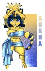 animal_crossing animal_crossing_new_horizons animal_ears animal_humanoid ankha ankha_(animal_crossing) anthro areolae bangs bangs_over_eyes big_breasts blue_eyes blue_hair blue_lips blue_lipstick blue_nipples breasts cat_ears cat_tail catgirl cleavage crop_top dynamic_pose feet female female_focus female_only furry furry_only gladiator_sandals gold_(metal) gold_jewelry heels high_heels jewelry jiggling_breasts miniskirt nintendo nipple_bulge nipple_piercing nipples no_bra no_panties overboob piercings raccoon_sama sharp_claws short_hair simple_background small_waist smirk smirking tail thick_thighs thighs tight_clothing video_game_character video_games wide_hips yellow_fur