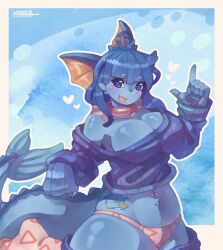 anthro big_breasts blue_body blue_eyes eeveelution fish gen_1_pokemon generation_1_pokemon loose_clothes pokémon_(species) pokemon sweater teasing thick_thighs vaporeon wooooziee