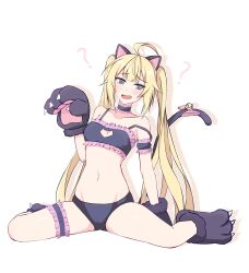 ? @_@ ahoge animal_ears animal_hands artist_request bandeau blonde_hair bridal_garter cat_cutout cat_ears cat_lingerie cat_paws cat_tail choker clothing_cutout cosplay counter:side fake_animal_ears fake_tail female frilled_choker frills full_body gloves highres kjg003 long_hair looking_at_viewer meme_attire naielle_bluesteel navel oerba_yun_fang onii-chan_wa_oshimai! open_mouth oyama_mahiro oyama_mahiro_(cosplay) paw_gloves paw_shoes paws sitting solo spaghetti_strap spread_legs stomach strap_slip tail twintails underwear underwear_only very_long_hair wariza