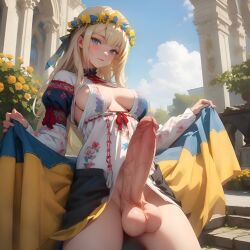 1futa ai_generated balls blonde_hair blue_eyes erection flower_crown flower_in_hair flower_on_head futa_only futanari huge_balls huge_cock large_penis looking_at_viewer outdoors penis skif45 solo traditional traditional_clothes ukraine ukrainian ukrainian_flag ukrainian_girl veiny_penis