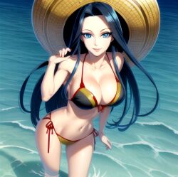 1girl 1girls abs ai_generated amazon amazonian belly_button big_breasts bikini bikini_bottom bikini_top black_hair blue_eyes boa_hancock breasts cleavage enmashusui female female_only fit fit_female front_view hand_on_hair holding_hair large_breasts light-skinned_female light_skin long_hair looking_at_viewer one_piece pinup portrait pose posing seaside smile smiling smiling_at_viewer straw_hat tall_female thighs thong thong_bikini tight_fit toned toned_body toned_female toned_stomach viewed_from_above young young_woman