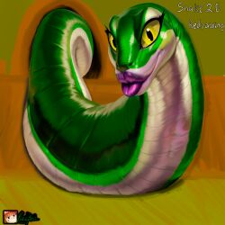 2023 big_eyes big_lips female female_focus female_only feral green_body green_skin hi_res kaabro shiny shiny_skin simple_background snake solo text thighs unique_style watermark yellow_eyes