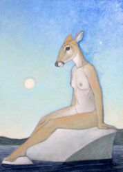 acrylic_painting_(artwork) andibi anthro areola ass black_nose breasts collarbone deer feet female fur hi_res hooves humanoid_feet mammal moon naturally_censored navel nipples nude outside painting_(artwork) pinup plantigrade pose rock short_tail sitting sky smile solo tail tan_body tan_fur tasteful tasteful_nudity traditional_media_(artwork) white_body white_fur