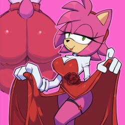 aged_up amy_rose anthro ass big_ass big_breasts breasts bubble_butt butt_focus curvaceous dress_lift garter_belt gown hedgehog lipstick looking_at_viewer mascara milf monamania pink_body rose_(flower) sonic_(series) sonic_x tail_tuft