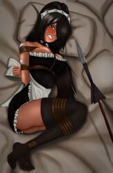 bed bed_sheet bed_sheets bedding bedding_background black_hair bondage dfg fearful_expression french_maid french_maid_nidalee girl high_resolution highres league_of_legends maid maid_headdress maid_outfit maid_uniform nidalee orange_eyes orange_eyes_female riot_games rope_bondage spear the_grind_series tied_hair tied_up tribal_markings tribal_tattoo tribal_tattoos