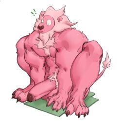 1boy 2023 anthro balls barazoku big_balls big_penis cartoon_network claws completely_nude felid feline fur furry gay hairy hairy_chest half-erect hi_res highres humanoid_genitalia humanoid_penis lion lion_(steven_universe) male_nipples male_only male_pubic_hair mammal manly muscles muscular muscular_anthro nipples nude penis phosbara pink_body pink_fur solo solo_male spread_legs squatting steven_universe