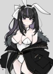 1girls big_breasts black_hair blush breasts bunnysuit clothed clothing embarrassed eyebrows_visible_through_hair fake_animal_ears fake_rabbit_ears female female_only hair_ornament hair_ribbon indie_virtual_youtuber jacket k_(m_r_b/nkmmktwt/ꓘ) light-skinned_female light_skin looking_down nose_blush purple_eyes purple_hair ririsya solo two_tone_hair virtual_youtuber