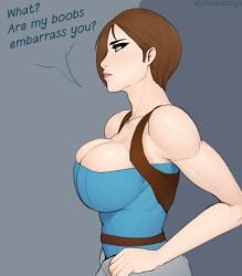 1girls athletic belts breast breasts breasts_out cleavage clothing color colored comic corset curvy dialogue english_text female female_only holster human jill_valentine jill_valentine_(julia_voth) legwear light light-skinned monster muscles nemesis_(resident_evil) ohmaddoge resident_evil resident_evil_3 short_hair sideboob solo squeeze text tight_clothing topwear tubetop voluptuous