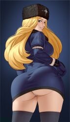 1girls alternate_version_available ass blonde_hair blue_eyes breasts capcom dat_ass female female_only kolin patreon_reward skirt smile solo street_fighter street_fighter_iii street_fighter_iii:_3rd_strike street_fighter_iii_(series) street_fighter_v thong whargleblargle