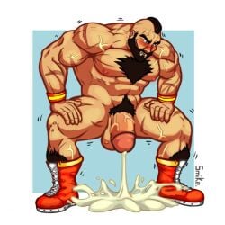 1boy balls bara beard big_penis blush boots capcom chest_hair cum cumming ejaculation excessive_cum facial_hair hands-free handsfree_ejaculation male male_only muscles muscular muscular_male penis scars scars_all_over shoes shoes_only smikeart solo solo_male spread_legs street_fighter thick_penis tuft veiny veiny_muscles veiny_penis wristband zangief