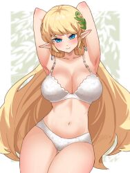 1girls 2023 armpits arms_up blonde_hair blush bra breasts earrings hair_ornament lingerie long_hair looking_at_viewer maplestory mercedes_(maplestory) navel pack_of_inu panties pointy_ears standing thighs underwear_only very_long_hair white_bra white_panties