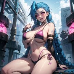 ai_generated big_breasts big_breasts big_butt bikini blue_hair cixf crazy_eyes huge_breasts jinx_(league_of_legends) league_of_legends league_of_legends:_wild_rift pink_eyes side_tie_bikini string_bikini thick_thighs