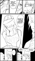 1futa anonymous_female ashleylust_(artist) big_breasts blush catgirl comic_page concerned confused covered_eyes disguised female futa_on_female horny_female lying_on_person monochrome oc original_character page_1 pizza_delivery pizza_girl