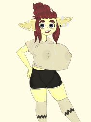 1girls big_ass big_breasts big_butt big_ears big_eyes breasts_bigger_than_head bulging_breasts crop_top erect_nipples erection female female_focus female_only goblin goblin_female green_skin massive_breasts red_hair solo sweat_pants thick_thighs thigh_highs younger_female