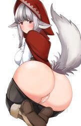 1girls ass blush breasts censored embarrassed female female_only fire_emblem fire_emblem_fates grey_hair hood large_ass large_breasts looking_at_viewer looking_back multicolored_hair nintendo pants pants_down pointy_ears pussy red_eyes solo toshimasa velouria_(fire_emblem) white_background wolf_girl wolf_tail