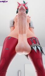 3d big_penis focus_on_penis futa_only futanari green_hair hung_futanari jinxed_xp kiriko_(overwatch) overwatch penis pov saggy_balls solo solo_futa taker_pov