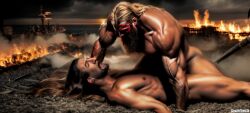 2boys ai_generated biceps blonde_hair blood burning_building chest fire male male_only muscles muscular muscular_male naked pinned_down pinned_to_floor raider rape viking violence yaoi