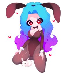 blank_background blue_hair blush blush_lines blushing_at_viewer bunny bunny_costume bunny_ears bunny_girl bunnysuit hand_on_thigh hands_on_thighs heart hearts_around_body hearts_around_head hourglass_figure hoxtens kneeling knees_apart legs_apart long_hair looking_at_viewer multicolored_hair plain_background playboy playboy_bunny purple_hair red_eyes round_eyes synari_(rox_hoxten) white_background