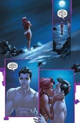 1boy 1girls bare_legs beach bikini canon canonical_scene comic dc dc_comics english_text female jason_todd kissing koriand'r male male/female night night_sky nighttime ocean red_hood_(dc) red_hood_and_the_outlaws shirtless speech_bubble starfire straight summer surprised tamaranean teen_titans viewed_from_below water western_art white_bikini