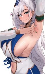 1girls armpit_fetish armpits arms_up blue_eyes breasts edmun female hi_res hololive hololive_indonesia hololive_indonesia_holoro huge_breasts light-skinned_female light_skin long_hair naughty_face pavolia_reine sideboob sweat virtual_youtuber white_hair