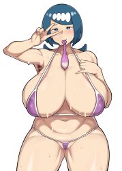 1girls armpit_hair belly big_breasts bikini blue_eyes blue_hair blush breasts condom condom_in_mouth female female_armpit_hair freckles hair_ornament hairy_armpits hi_res highres intruder_(1391685345) lana's_mother_(pokemon) mature_female milf nintendo pokemon pokemon_sm purple_bikini ring tied_hair used_condom v white_background wide_hips