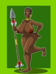 amazon big_breasts cartoonfan402 ear_piercing ear_ring feet full_body imanzi_shongama large_breasts licking_lips long_legs looking_at_viewer medievil naked naked_female neckwear nipples pierced_nipples piercing playstation shaved_head solo spear taller_girl