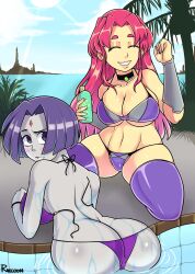 2girls alien_girl ass bikini breasts butt cartoon_network dc dc_comics female female_only grey_skin long_hair long_hair_female multiple_girls pool purple_hair raccoonserver rachel_roth raven_(dc) short_hair short_hair_female starfire teen_titans