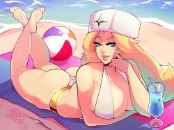 1girls alternate_version_available ass beach beach_ball beach_towel bikini blonde_hair blue_eyes capcom drink female female_only grand-sage hat kolin ocean patreon_reward sand solo street_fighter street_fighter_iii street_fighter_iii:_3rd_strike street_fighter_iii_(series) street_fighter_v swimsuit