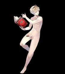 1boy attack bare_legs barefoot black_background blonde_hair book censored codename_(user_mkxe3283) codename_edit completely_nude edit fire_emblem fire_emblem_fates fire_emblem_heroes food legs leo_(fire_emblem) leo_(summer)_(fire_emblem) male male_only nintendo nude nude_filter nude_male open_mouth penis red_eyes short_hair solo tomato