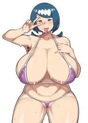 1girls armpit_hair belly big_breasts bikini blue_eyes blue_hair blush breasts female female_armpit_hair freckles hair_ornament hairy_armpits hi_res highres intruder_(1391685345) lana's_mother_(pokemon) mature_female milf nintendo pokemon pokemon_sm purple_bikini ring tied_hair tongue_out v white_background wide_hips