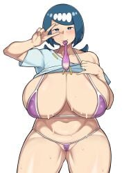 1girls alternate_breast_size belly big_breasts bikini blue_eyes blue_hair blush breasts breasts_bigger_than_head condom condom_in_mouth female freckles hair_ornament hi_res highres huge_breasts intruder_(1391685345) lana's_mother_(pokemon) mature_female milf nintendo pokemon pokemon_sm purple_bikini ring shirt tied_hair used_condom v white_background white_shirt wide_hips