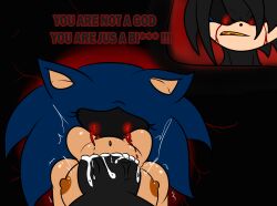 1boy 1girls black_fur black_nose black_sclera bleeding_eyes blood blowjob blue_fur breasts crying cum_in_mouth dialogue ear english english_text fan_character female forced forced_oral glistening_shoulders hedgehog looking_at_penis male nipples original_character penis profanity red_eyes rule_63 sega sonic.exe sonic.exe_(character) sonic_(series) sonic_the_hedgehog sonic_the_hedgehog_(series) sonica sonica.exe sonique_the_hedgehog soulyagami64 sucking_penis tan_muzzle text yellow_teeth