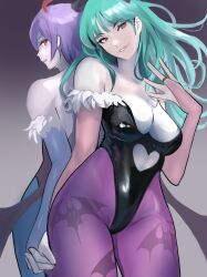 2girls absurd_res back_to_back bat_print capcom clothing darkstalkers female female_only gauntlets green_eyes green_hair hand_holding leotard lilith_aensland long_hair looking_at_viewer looking_back medium_breasts meke morrigan_aensland pantyhose purple_hair purple_pantyhose red_eyes smiling smiling_at_viewer succubi succubus succubus_wings