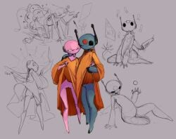 2girls ambiguous_gender daddy_long_legs_(rain_world) five_pebbles_(rain_world) iterator_(rain_world) looks_to_the_moon_(rain_world) multiple_girls neuron_fly_(rain_world) overseer_(rain_world) pussy rain_world robe robe_lift robot thick_thighs upskirt yuri