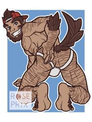 ass backwards_baseball_cap bara baseball_cap beard body_hair bulge facial_hair flaccid gay hairy jockstrap jockstrap_only male male_only monster_prom muscles muscular on_knees roseprix scott_howl solo solo_male tail werewolf