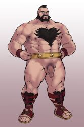 1boy balls bara beard belt capcom chest_hair facial_hair flaccid hairy_chest hairy_male hands_on_hips male male_only mostly_nude muscles muscular muscular_male penis picsontop retracted_foreskin scars scars_all_over solo solo_male street_fighter zangief