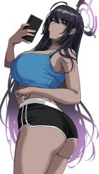 1girls ass black_hair blue_archive booty_shorts breasts brown_skin dark-skinned_female dark_skin dat_ass dolphin_shorts drogod_(artist) female huge_ass huge_breasts karin_(blue_archive) karin_kakudate long_hair millennium_science_school_student short_shorts shorts simple_background solo sports_bra sportswear yellow_eyes