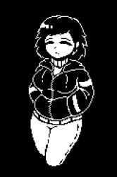 1girls 1gonth 2d 2d_(artwork) 2d_artwork black_and_white black_background breasts clothed female female_frisk female_only frisk hoodie no_color pixel_(artwork) pixel_art solo solo_female tagme thighs undertale undertale_(series) undertale_au