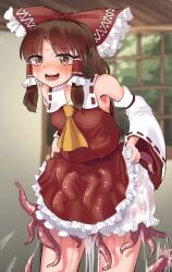 ambiguous_penetration ascot bad_id bad_pixiv_id bare_shoulders bloomers blush bow breasts brown_eyes brown_hair covered_penetration detached_sleeves dress female frilled_hair_tubes frills gunnjou_yosio hair_tubes hakurei_reimu highres implied_penetration implied_sex indoors looking_at_viewer nontraditional_miko open_mouth red_bow red_skirt reimu_hakurei sex_under_clothes sex_under_dress small_breasts suggestive_fluid sweat teeth tentacle tentacle_under_dress tentacles_under_clothes touhou underwear window yellow_ascot