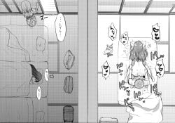 1boy 3girls ass bath_yukata bed_sheet blanket camisole_removed cheating_(relationship) completely_nude doggy_style from_above greyscale hojo_karen idolmaster idolmaster_cinderella_girls indoors japanese_clothes kamiya_nao kimono lying median_furrow monochrome motion_lines multiple_girls nude on_side ozaki_mirai panties panties_removed sex sex_from_behind shibuya_rin sleeping sliding_doors speech_bubble tatami underwear yukata