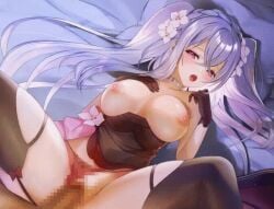 animated animated bouncing_breasts breasts_out censored exposed_breasts flower_in_hair flower_knight_girl gloves mosaic_censoring on_back on_bed open_mouth panties_aside pink_eyes purple_hair spread_legs thighhighs vaginal_penetration vaginal_sex