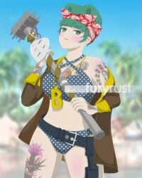 bandana big_ass big_breasts bikini curvy dani_(dead_island) dead_island dead_island_2 female furyrust green_eyes green_hair jewelry polka_dot sledgehammer smug tattoo_on_arm tattoo_on_chest tattoo_on_thigh