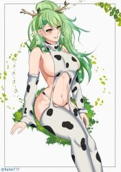 artist_signature belly_button big_breasts bikini_bottom branch_horns ceres_fauna cowprint female female_only flowers_in_hair green_hair hololive hololive_english hololive_english_-council- hololive_english_-promise- horns kirin_horns large_breasts no_pants ponytail raitei raitei717 sideboob simple_background sleeves smiling solo solo_female stomach_cutout thick_thighs thighhighs tummy twitter_username virgin_destroyer_sweater virgin_killer_sweater virtual_youtuber yellow_eyes